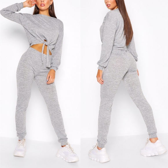 🆕 GREY CROPPED LONG SLEEVE TIE FRONT LOUNGE SET! - Picture 11 of 11